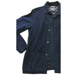 DS Dundee Mens Navy Blue Cotton Jacket Button Down Shirt Pocket 40 Contrast Cuff